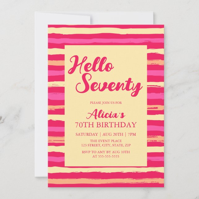 Pink Stripes Colourful Hello Seventy Girl Birthday Invitation (Front)