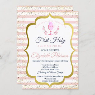 Pink Stripes Confetti First Holy Communion Invitation