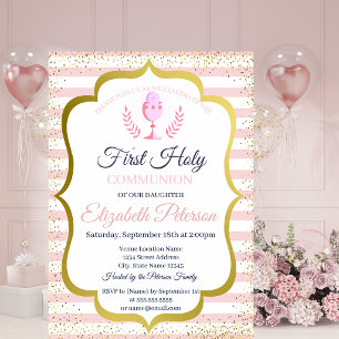 Pink Stripes Confetti First Holy Communion Invitation