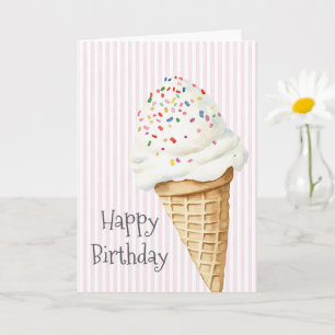 Pink Stripes Confetti Ice Cream Cone Birthday Card