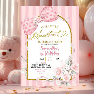 Pink Stripes Coquette Sweetheart First Birthday Invitation