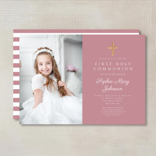 Pink Stripes Cross Girl First Communion Photo Invitation