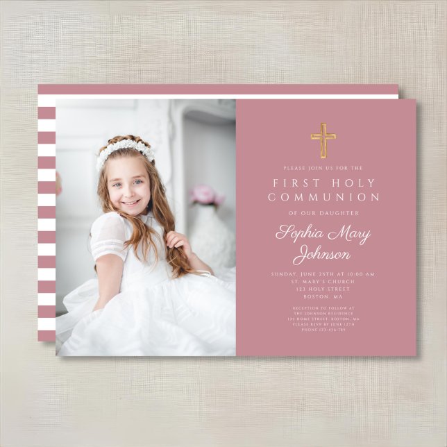 Pink Stripes Cross Girl First Communion Photo Invitation (Pink Stripes Cross Girl First Communion Photo Invitation)
