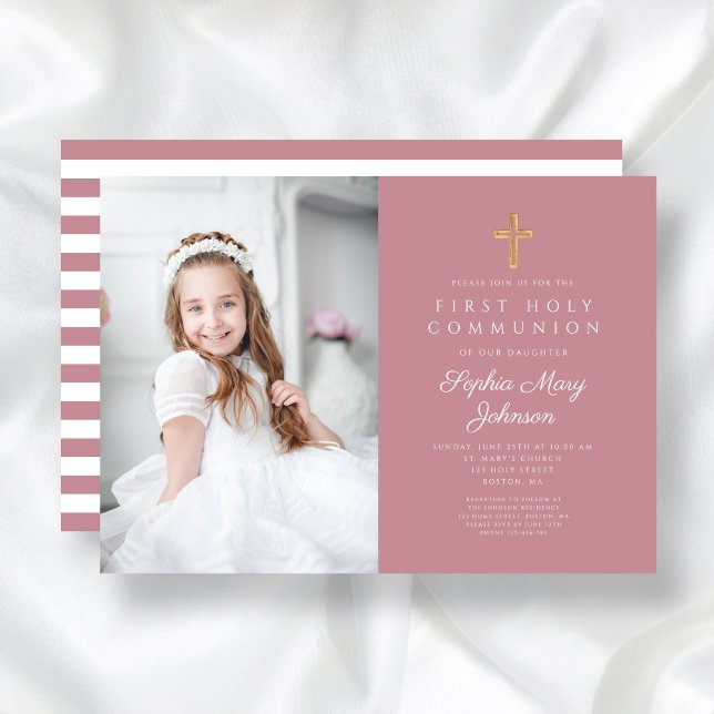 Pink Stripes Cross Girl First Communion Photo Invitation (Pink Stripes Cross Girl First Communion Photo Invitation)