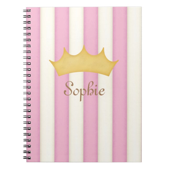 Pink Stripes Crowned Personalised Princess Diary Notebook (Front)