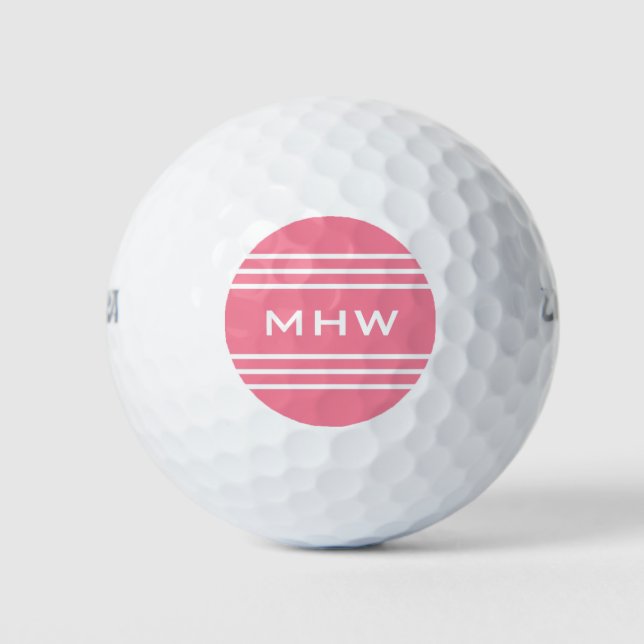 Pink Stripes custom monogram 3 golf balls (Front)