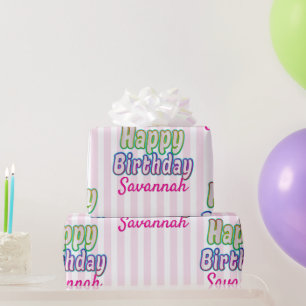 Pink Stripes Custom Name Happy Birthday Colourful Wrapping Paper