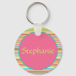 Pink Stripes Customisable Name Button Keychain