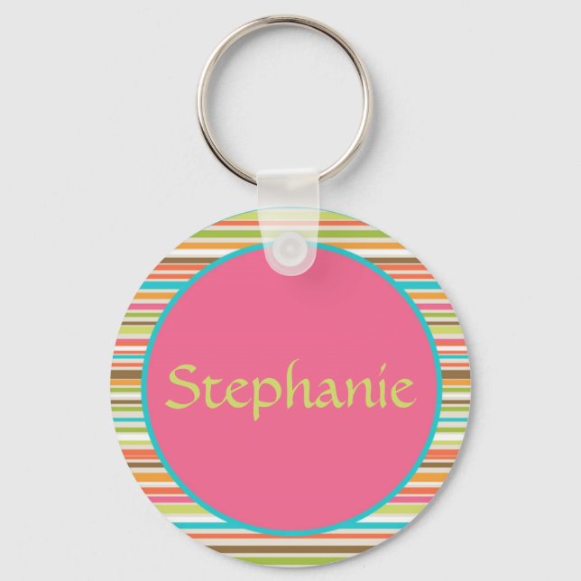 Pink Stripes Customisable Name Button Keychain (Front)