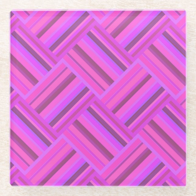 Pink stripes diagonal weave pattern glass coaster (Front)