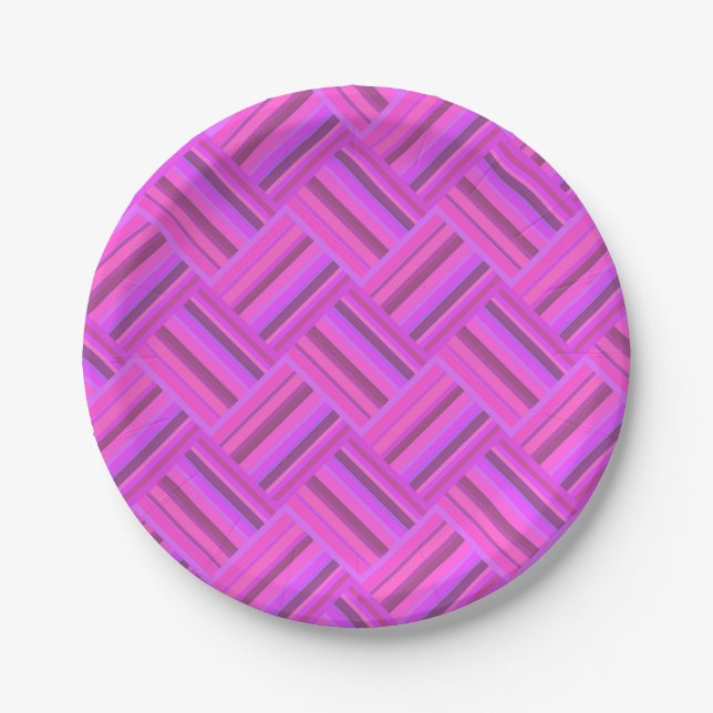 Pink stripes diagonal weave pattern paper plate (Front)