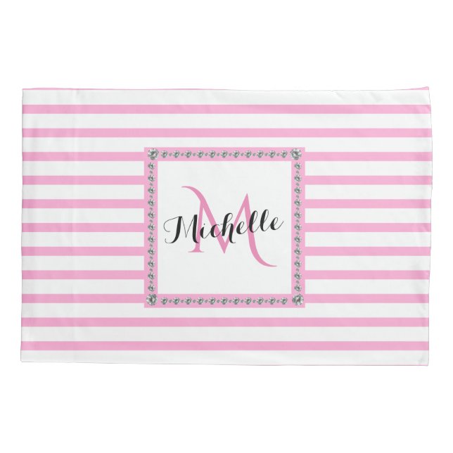 Pink Stripes Diamond Monogram | Modern Trendy Pillowcase (Back)