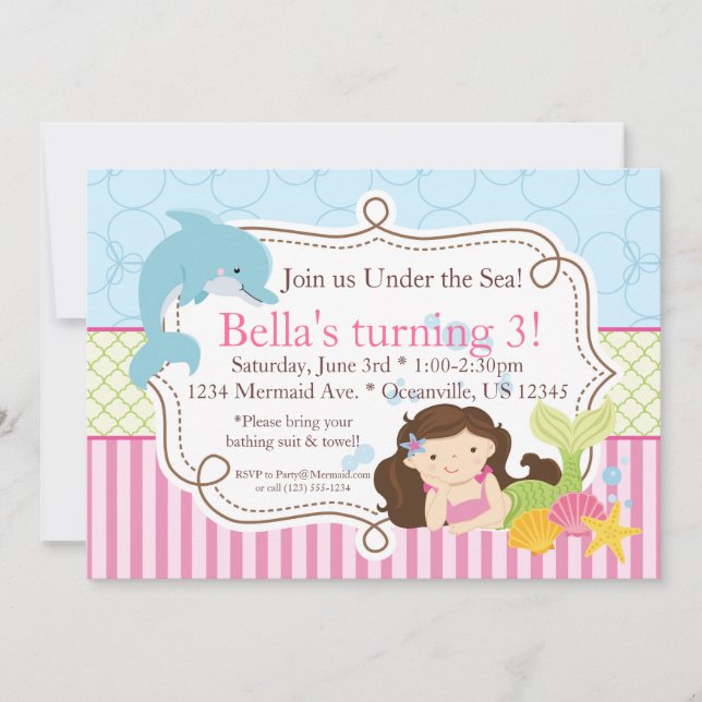 Pink Stripes, Dolphin and Mermaid Birthday Party Invitation (Front)