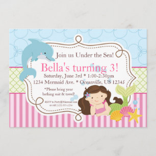 Pink Stripes, Dolphin and Mermaid Birthday Party Invitation