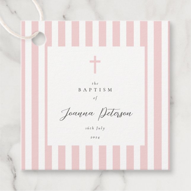 Pink Stripes Elegant Baptism Favour Tags (Front)