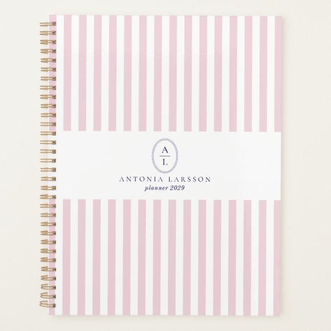 Pink Stripes, Elegant Monogrammed Planner (Front)
