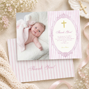 Pink Stripes Elegant Vintage Girl Baptism Photo Thank You Card