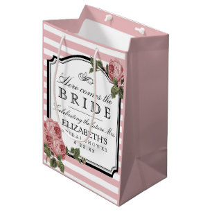 Pink Stripes Floral Bridal Shower Customise Colour Medium Gift Bag