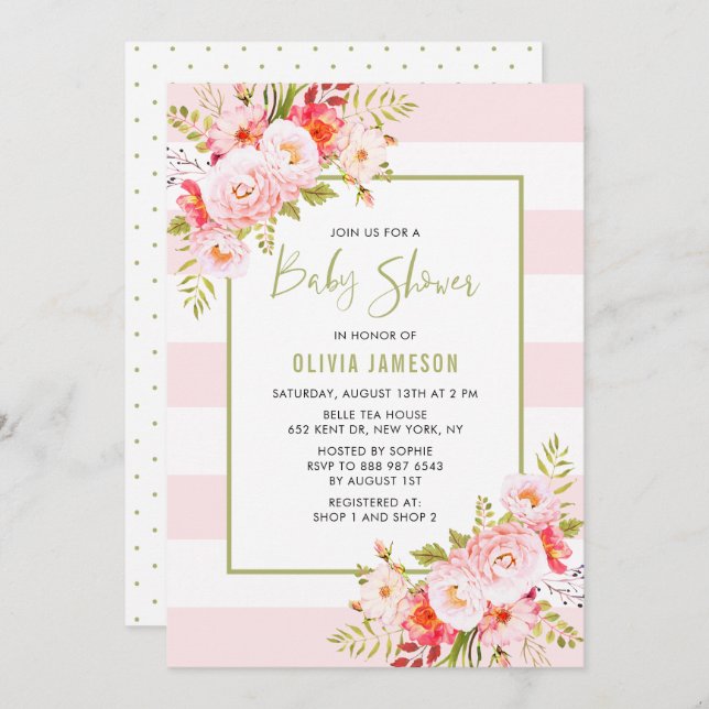 Pink Stripes Floral Bridal Shower Invitation (Front/Back)