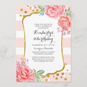 Pink Stripes Floral Gold Confetti Birthday Party Invitation