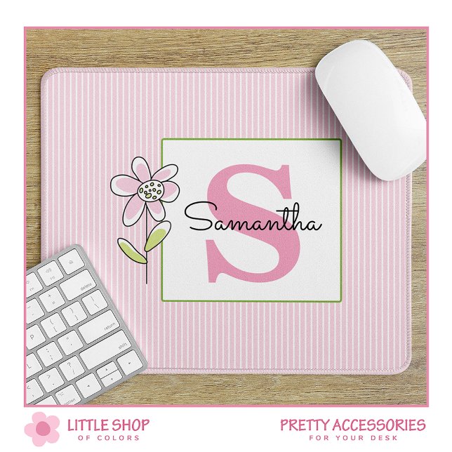 Pink Stripes Floral Monogrammed Mouse Pad (Creator Uploaded)