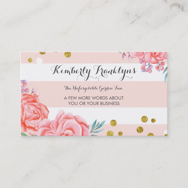 Pink stripes flowers gold confetti watercolor business card (Front)