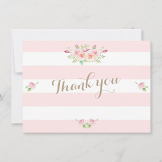 Pink Stripes Flowers Wedding Thank You Card