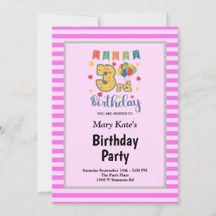 Pink Stripes Framed 3rd Birthday Party Invitation