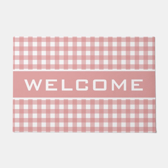 Pink Stripes Gingham Pattern Welcome Doormat (Front)