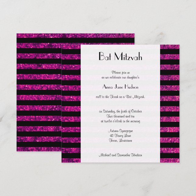 Pink Stripes, Glitter Stripes, Lines, Bat Mitzvah Invitation (Front/Back)
