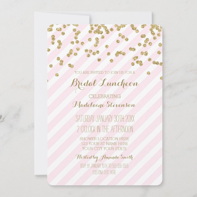 Pink Stripes Gold Bridal Lunch Invitations (Back)