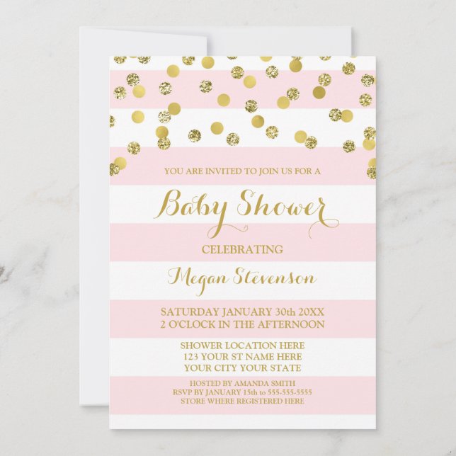 Pink Stripes Gold Confetti Baby Shower Invitation (Back)