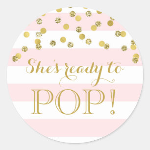 Pink Stripes Gold Confetti She's Ready to Pop Classic Round Sticker