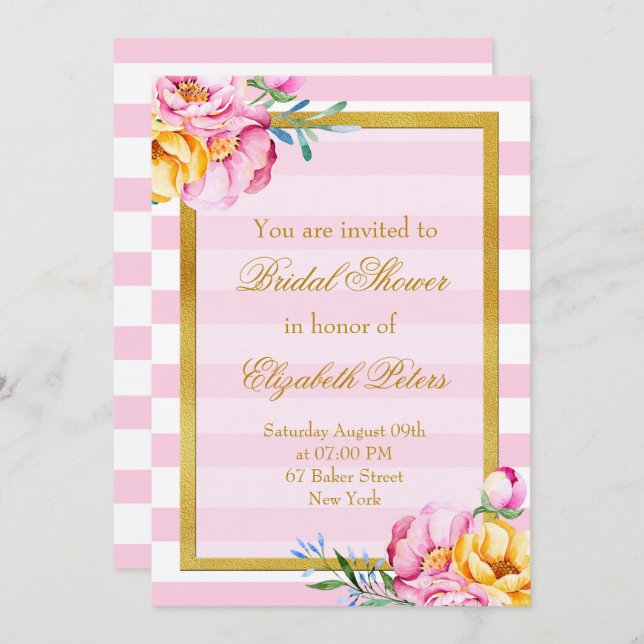 Pink Stripes Gold Frame Flower Bridal Shower Invitation (Front/Back)