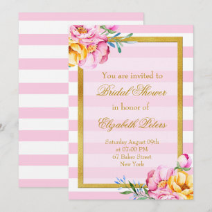 Pink Stripes Gold Frame Flower Bridal Shower Invitation