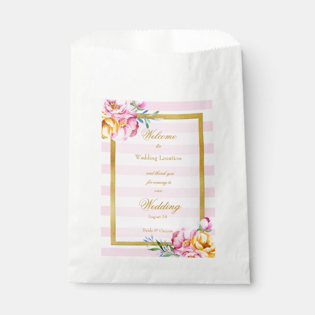 Pink Stripes Gold Frame Flower Wedding Favour Bags (Front)