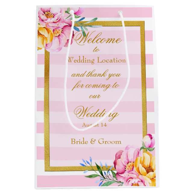 Pink Stripes Gold Frame Flower Wedding Medium Gift Bag (Front)