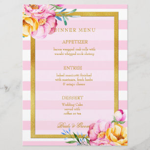 Pink Stripes Gold Frame Flower Wedding Menu