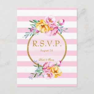 Pink Stripes Gold Frame Flower Wedding RSVP Invitation Postcard
