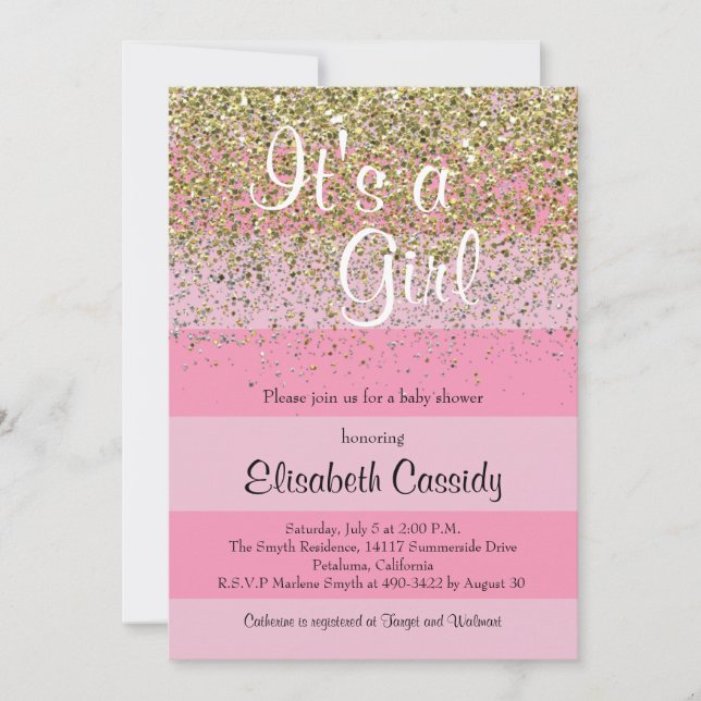 Pink Stripes & Gold Glitter Baby Shower Invite (Front)