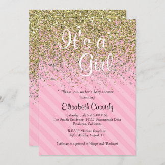 Pink Stripes & Gold Glitter Baby Shower Invite