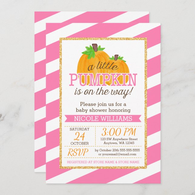 Pink Stripes Gold Little Pumpkin Fall Baby Shower Invitation (Front/Back)
