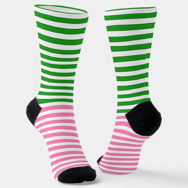 Pink Stripes Green Stripes Horizontal  Socks (Angled)