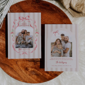 Pink Stripes Greenery Coquette Bow Wreath 2 Photos Holiday Card