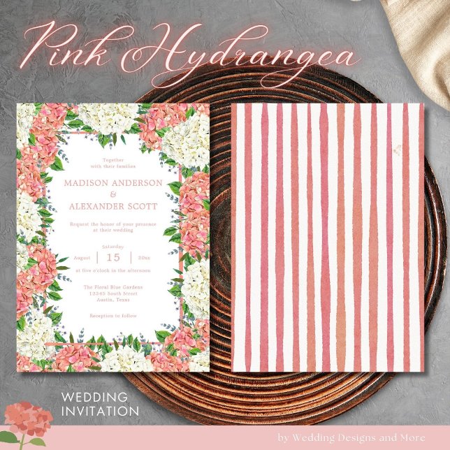 Pink Stripes Greenery Pink Hydrangeas Wedding Invitation (Front / Back)