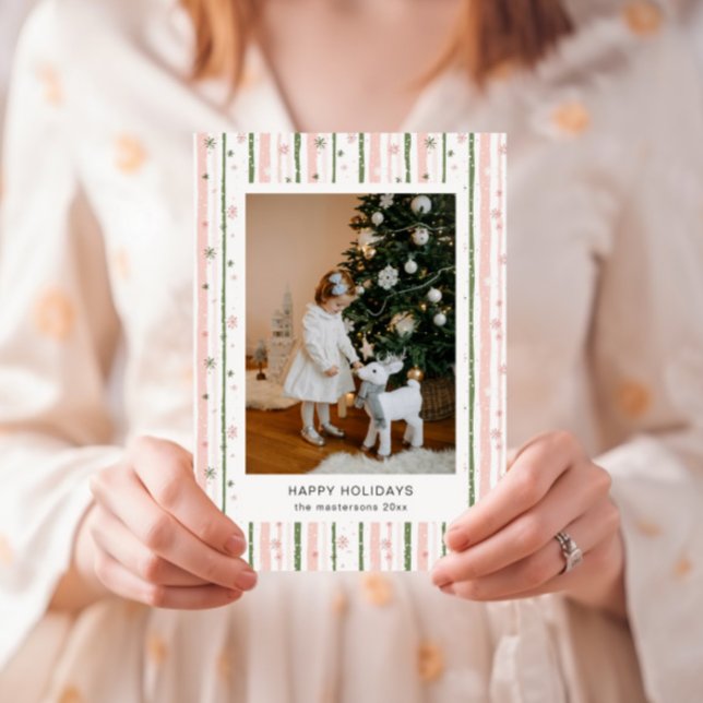 Pink Stripes Holiday Wallpaper Photo Holiday Card (Creator Uploaded)