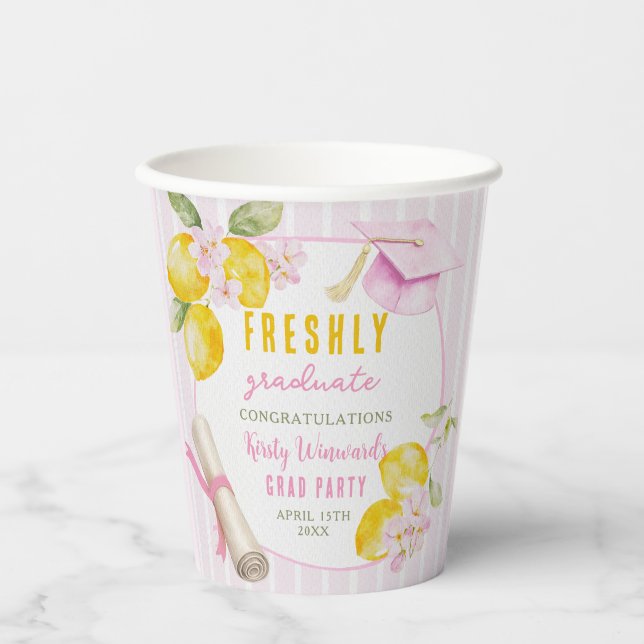Pink Stripes Lemons and Flowers Grad Paper Cups (Front)