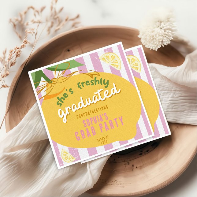 Pink Stripes Lemons yellow Bow Graduation Napkin (Creator Uploaded)
