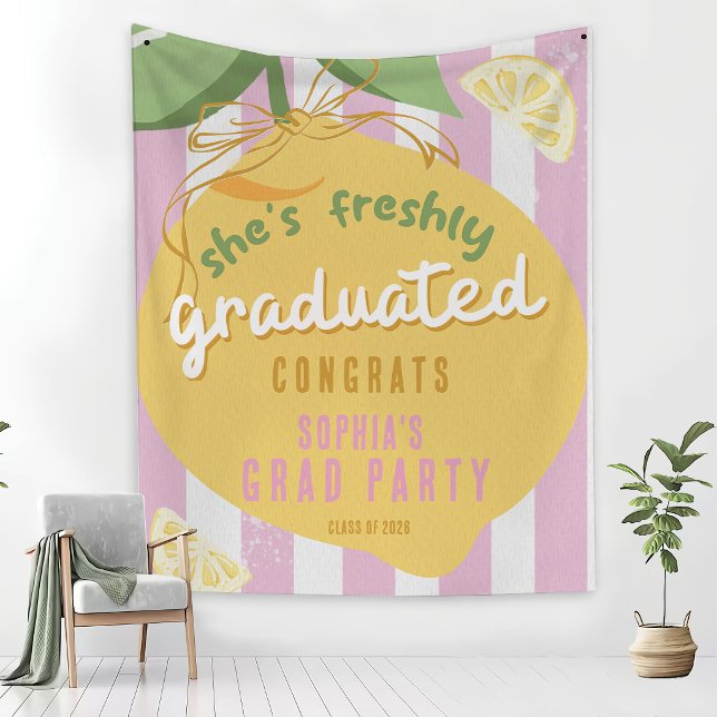 Pink Stripes Lemons Yellow bow Graduation Tapestry (Creator Uploaded)