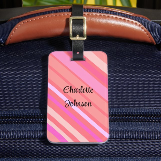 Pink Stripes Name in Modern Script Luggage Tag (Front Insitu 2)